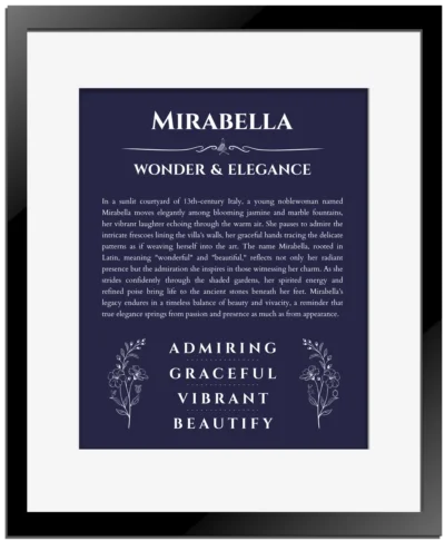 Mirabella name meaning gift print in navy blue with black matte frame