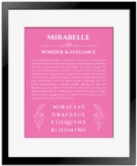 Mirabelle personalized wall art with the story of your name in pink with black matte frame
