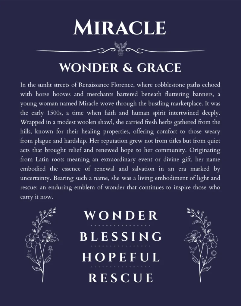 Miracle name origin print with meaning and traits in navy blue