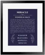 Miracle name origin print with meaning and traits in navy blue with black matte frame
