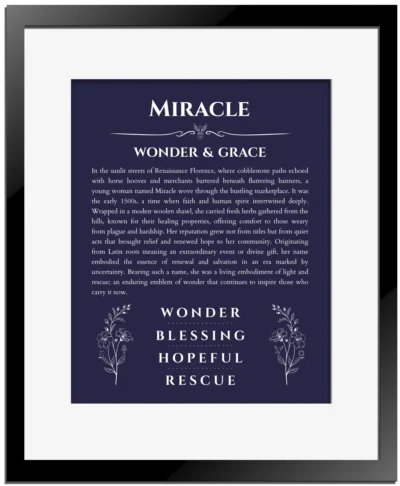 Miracle name origin print with meaning and traits in navy blue with black matte frame