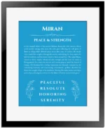 Miran personalized name art with origin story in blue with black matte frame