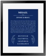 Misael custom name art showing meaning and origin in deep blue with black matte frame