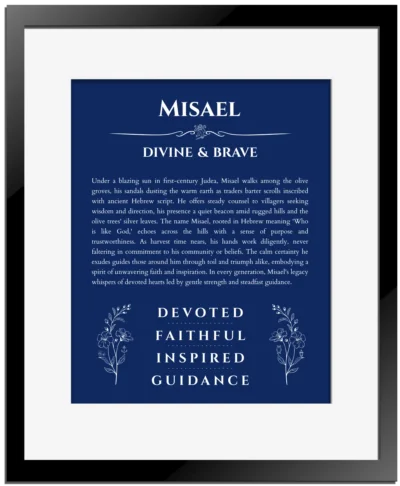 Misael custom name art showing meaning and origin in deep blue with black matte frame
