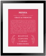 Misha custom name art showing meaning and origin in red with black matte frame