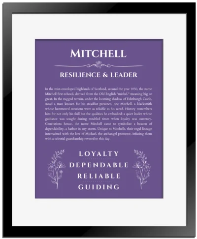 Mitchell name meaning gift print in purple with black matte frame