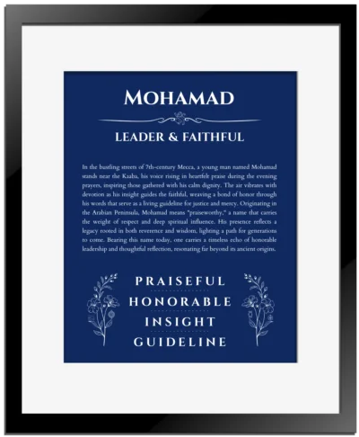 Mohamad custom name art showing meaning and origin in deep blue with black matte frame