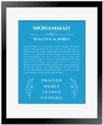 Mohammad personalized name print with origin and traits in blue with black matte frame
