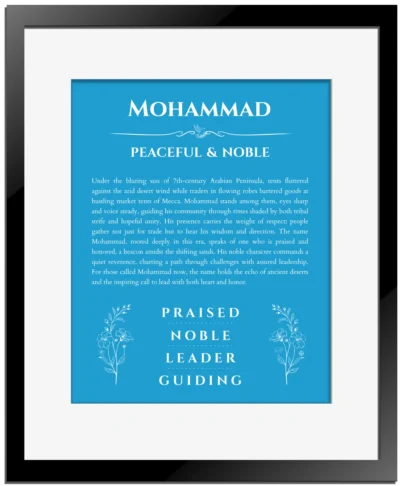 Mohammad personalized name print with origin and traits in blue with black matte frame