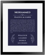 Mohammed custom name art showing meaning and origin in navy blue with black matte frame