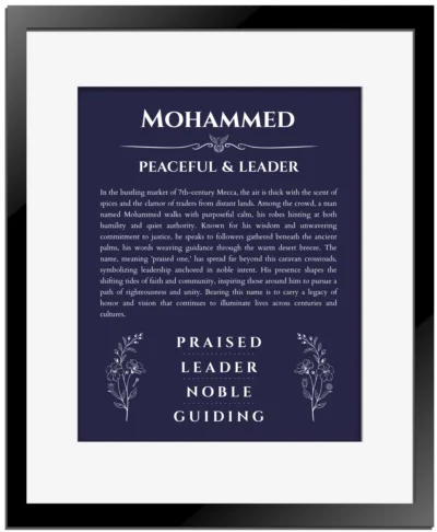 Mohammed custom name art showing meaning and origin in navy blue with black matte frame