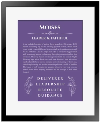 Moises custom name meaning print in purple with black matte frame