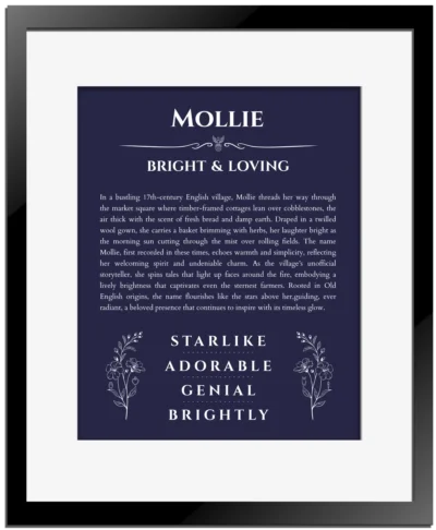 Mollie custom name meaning print in navy blue with black matte frame