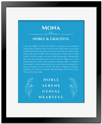 Mona personalized name print with origin and traits in blue with black matte frame