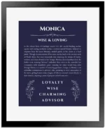 Monica personalized wall art with the story of your name in navy blue with black matte frame