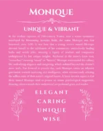 Monique custom name art showing meaning and origin in pink