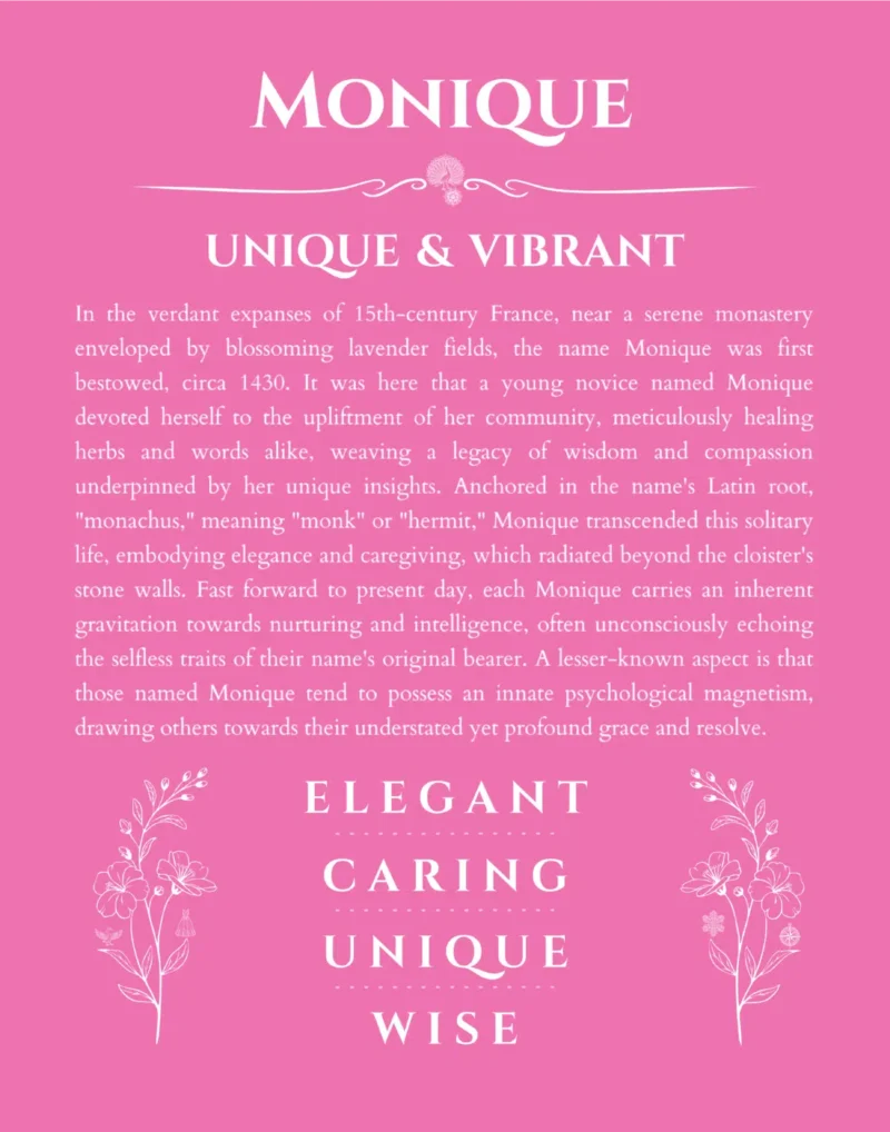 Monique custom name art showing meaning and origin in pink