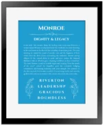 Monroe personalized name art with origin story in blue with black matte frame