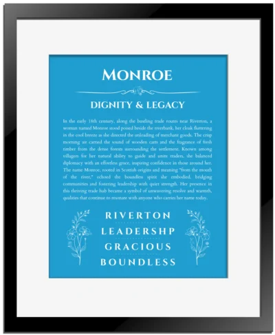 Monroe personalized name art with origin story in blue with black matte frame
