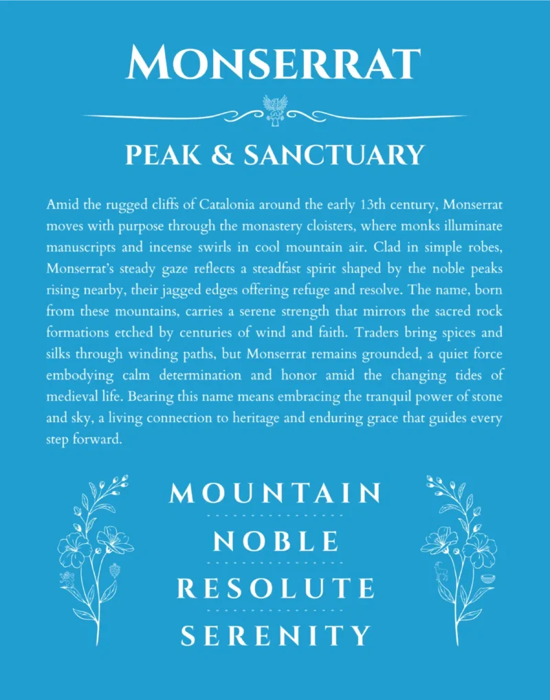 Monserrat name origin print with meaning and traits in blue
