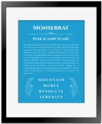Monserrat name origin print with meaning and traits in blue with black matte frame