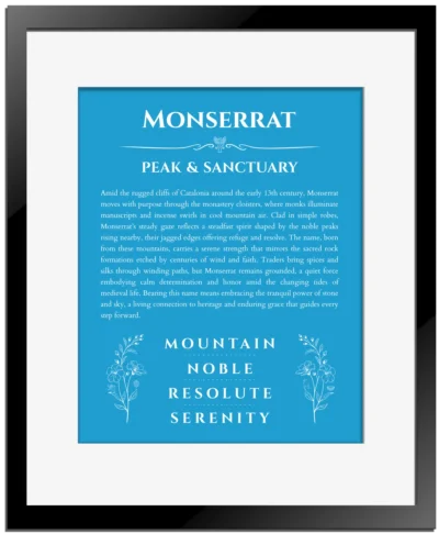 Monserrat name origin print with meaning and traits in blue with black matte frame