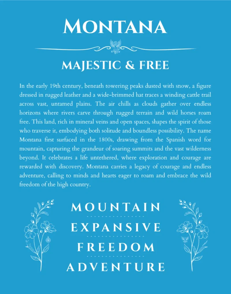 Montana name origin print with meaning and traits in blue