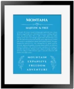 Montana name origin print with meaning and traits in blue with black matte frame