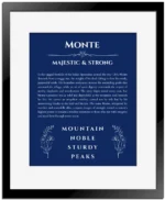 Monte name meaning gift print in deep blue with black matte frame