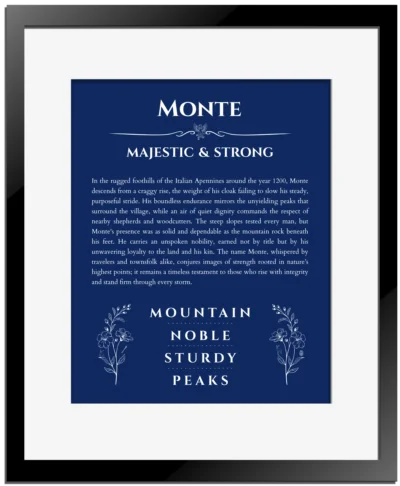 Monte name meaning gift print in deep blue with black matte frame