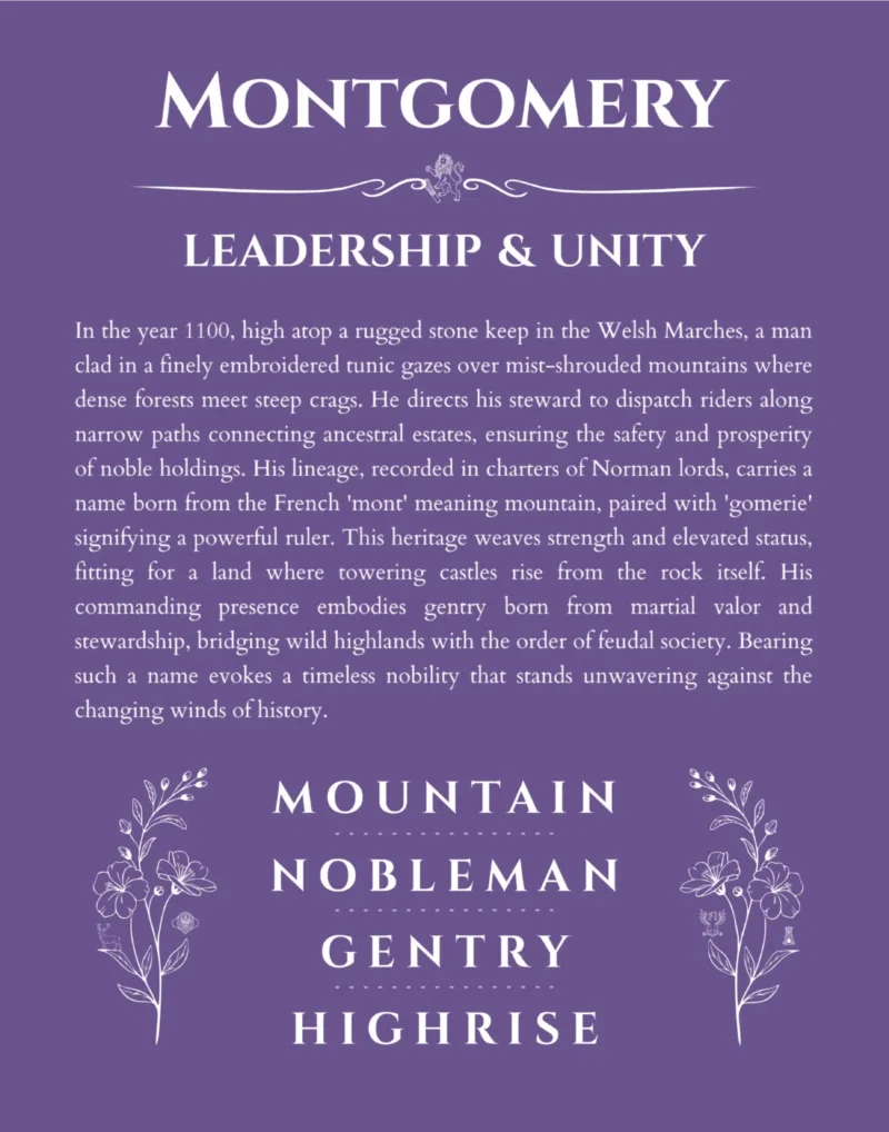 Montgomery personalized name print with origin and traits in purple