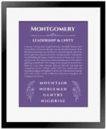 Montgomery personalized name print with origin and traits in purple with black matte frame