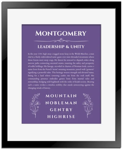 Montgomery personalized name print with origin and traits in purple with black matte frame