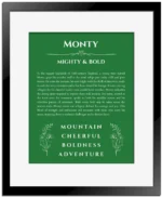 Monty custom name print for wall display in dark green with black matte frame
