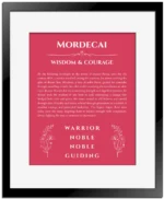 Mordecai personalized name art with origin story in red with black matte frame