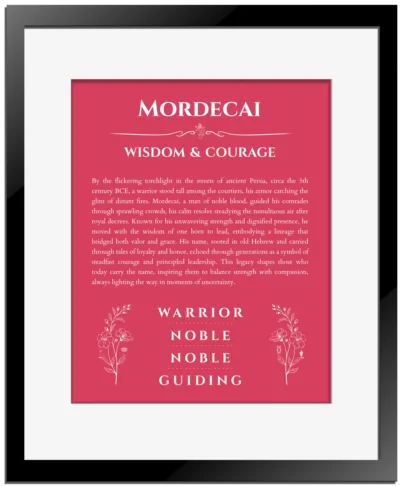 Mordecai personalized name art with origin story in red with black matte frame