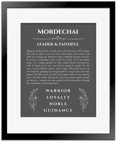 Mordechai personalized name print with origin and traits in gray with black matte frame