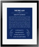 Morgan personalized name art with origin story in deep blue with black matte frame
