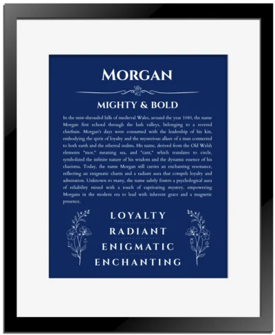 Morgan personalized name art with origin story in deep blue with black matte frame
