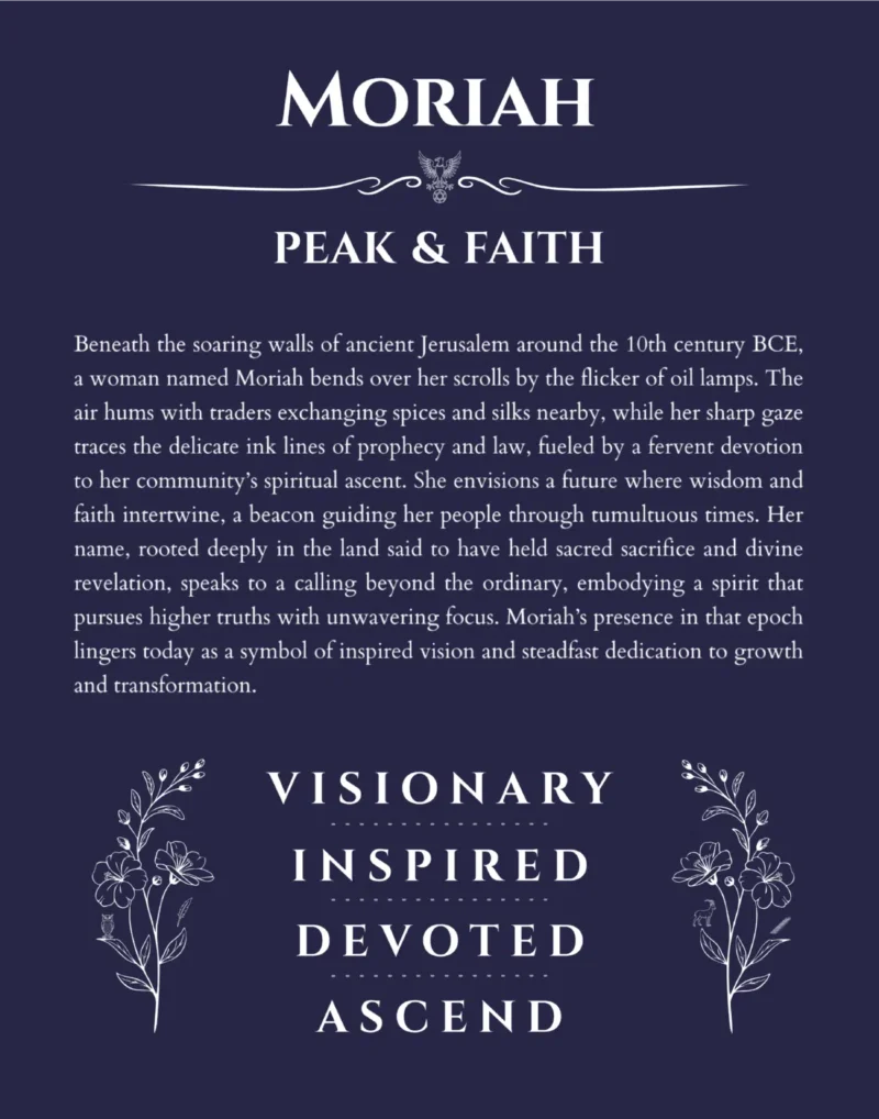 Moriah custom name art showing meaning and origin in navy blue