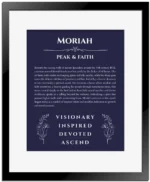 Moriah custom name art showing meaning and origin in navy blue with black matte frame