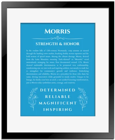 Morris name meaning gift print in blue with black matte frame