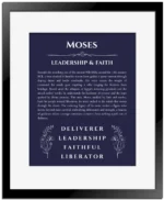 Moses personalized name print with origin and traits in navy blue with black matte frame