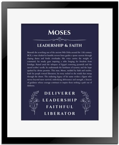 Moses personalized name print with origin and traits in navy blue with black matte frame