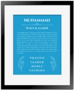 Muhammad personalized name art with origin story in blue with black matte frame