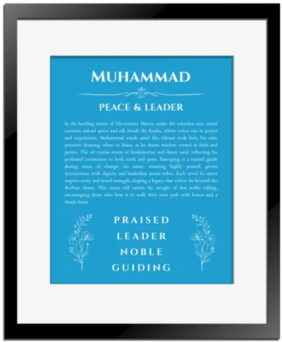 Muhammad personalized name art with origin story in blue with black matte frame