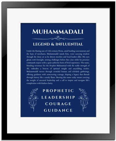 Muhammadali personalized name meaning print in deep blue with black matte frame