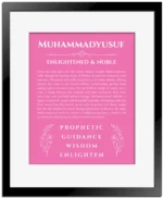 Muhammadyusuf custom name art showing meaning and origin in pink with black matte frame