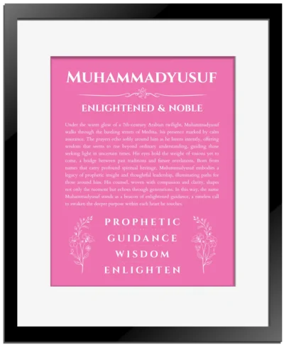 Muhammadyusuf custom name art showing meaning and origin in pink with black matte frame