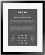 Mulan name meaning gift print in gray with black matte frame